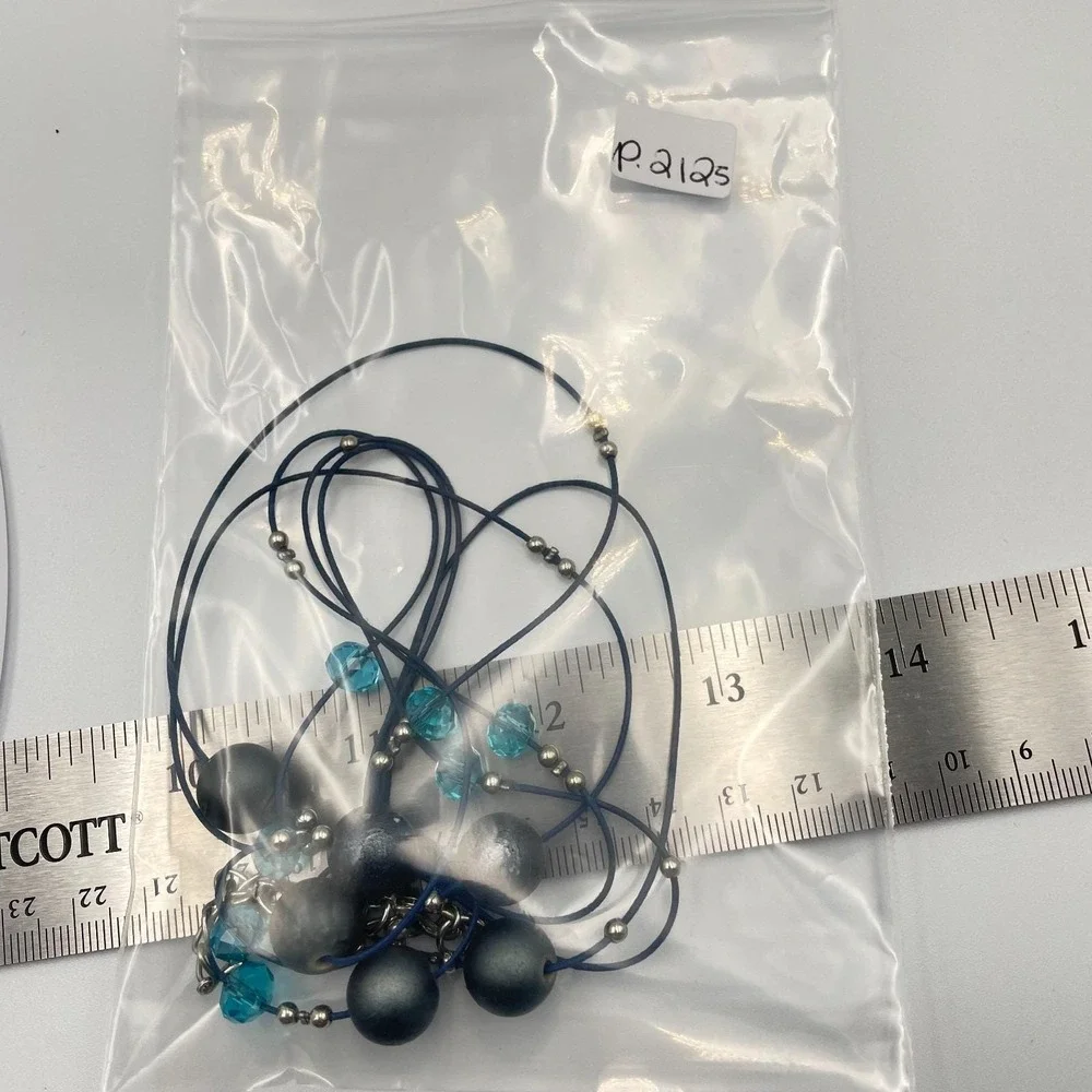 Vtg Artisan Multi-Layer Blue Cord Necklace Teal Glass Crystal Gunmetal Grey Bead